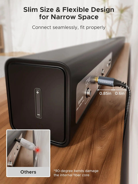 Top Tier 6 Foot Toslink Optical Audio Cable Braided Wrap And Gold Plated End Connectors For Soundbar TV and Gaming Rigs displayed on a sleek soundbar.