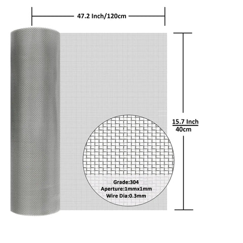 20 Mesh Stainless Steel Window And Door Mesh Screen Roll 15.7x47.2 Inches With 1mm Openings, product dimensions and detail view