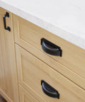 Matte Black Cabinet Handles Set Of 10 Notched Backplate Drawer Pulls for kitchen cabinets on wooden drawers.