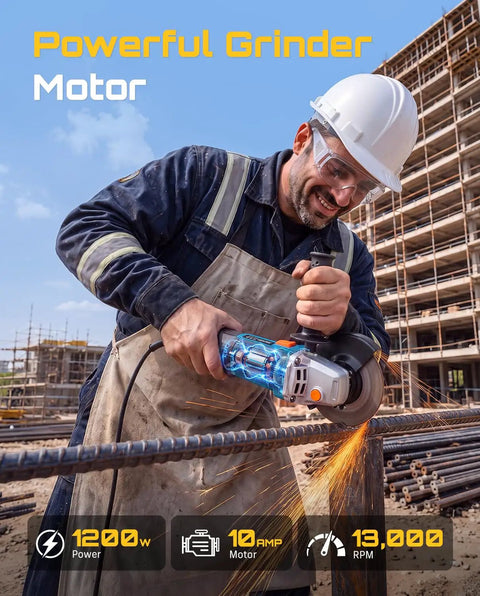 Professional Grade 4 1 2 Inch Corded Angle Grinder Rock Solid Build With 1200 Watt Pure Copper Motor And 13000 RPM Speed to crush tough metal cutting.