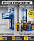Total Beast Heavy Duty Electric Hydraulic Cargo Lift, Wall Mounted Rail Hoist Handles 2200 Lb Loads, dual view with lift and operators.