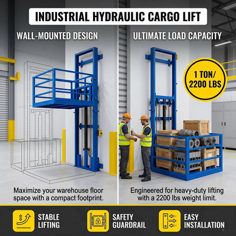 Total Beast Heavy Duty Electric Hydraulic Cargo Lift, Wall Mounted Rail Hoist Handles 2200 Lb Loads, dual view with lift and operators.