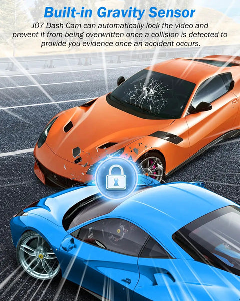 Two sports cars in collision demonstration with locked video feature showing gravity sensor of 2.5K Front Inside And Rear Dash Cam.