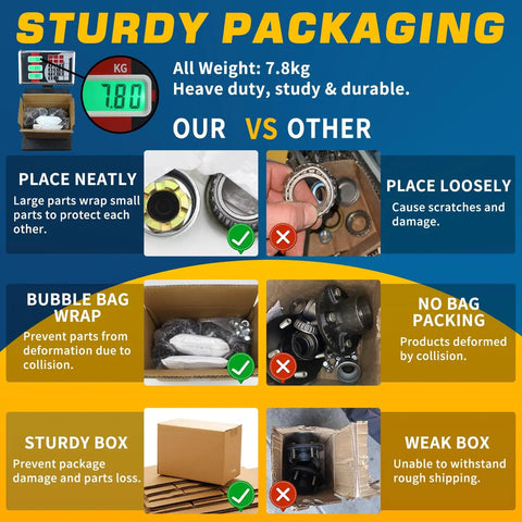 Comparison of sturdy packaging with neat placement and bubble wrap vs. loose and unprotected in a weak box.
