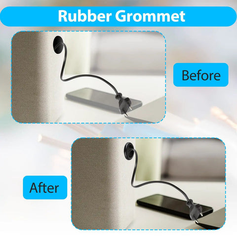 Rubber grommet installed in a panel before and after showing improved wire routing for neat setup.