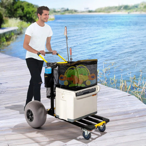 Foldable 2 In 1 Beach Wagon Cart with 12 Inch Balloon Wheels for sand, loaded with gear on a wooden walkway by water.