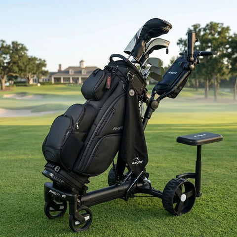 Badass Electric Golf Cart With Smart Follow Tech And Bluetooth Remote Control For Easy Fairway Gliding Compact Foldable Frame on golf course.