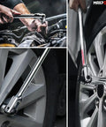 Beefy Three Piece Breaker Bar Set With Fifteen And Eighteen Inch Dual Drive One Half Inch And Three Eighth Inch Bars Plus A Ten Inch Short Bar, 360 Degree Rotating Phosphated Heads And Ergonomic Non Slip Knurled Handles in automotive use