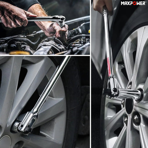Beefy Three Piece Breaker Bar Set With Fifteen And Eighteen Inch Dual Drive One Half Inch And Three Eighth Inch Bars Plus A Ten Inch Short Bar, 360 Degree Rotating Phosphated Heads And Ergonomic Non Slip Knurled Handles in automotive use