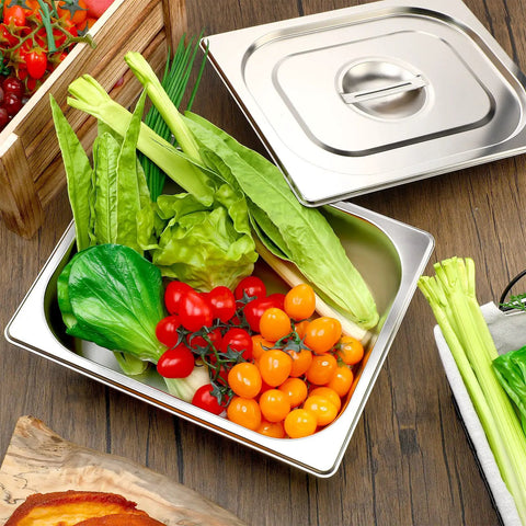 Eight Piece Stainless Steel Hotel Pan Set With Lids, 4 Inch Half Size Steam Table Pans For Hotel Buffets, Catering And Events with vegetables displayed