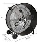 Beastly High Velocity 30 Inch Drum Fan 9100 CFM Two Speed Heavy Duty Industrial Shop Fan For Garage, side view with measurements