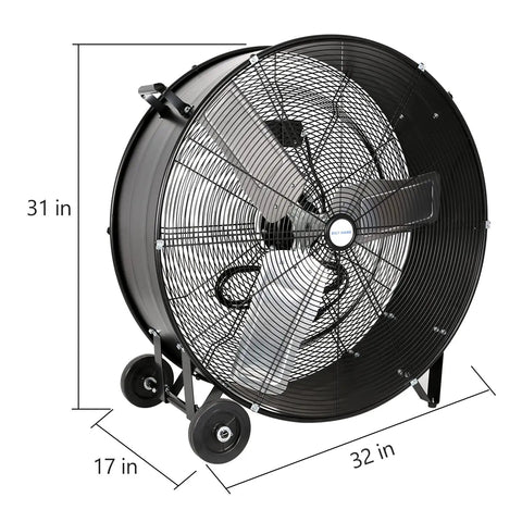 Beastly High Velocity 30 Inch Drum Fan 9100 CFM Two Speed Heavy Duty Industrial Shop Fan For Garage, side view with measurements