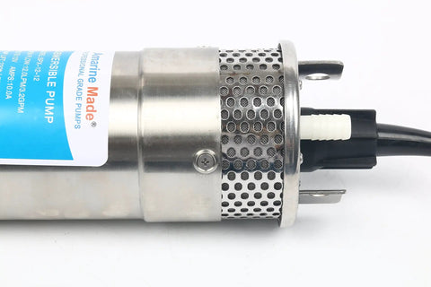 Close-up of 12V DC Submersible Deep Well Water Pump With 3.2 GPM Flow, 4 Inch Intake, 10A Draw, Stainless Steel Shell