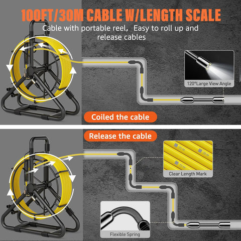 Dope Sewer Camera 100Ft Kit With 5 Inch HD 1080P Display Built In DVR 32GB Memory 5000mAh Battery Pipe Inspection Tool for coiled cable reel