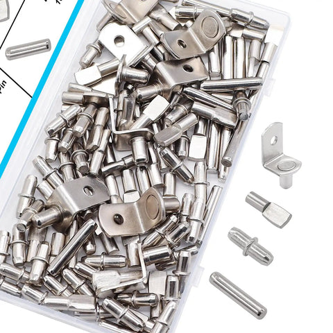 Top Shelf 100 Piece Nickel Plated Shelf Pins Kit With Four Styles For Cabinets Closets And Furniture Heavy Duty Zinc Alloy Pegs in packaging.