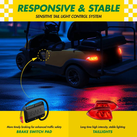 Ready Rollin Premium Golf Cart Led Light Kit showing brake switch pad and tail lights in night setting, compatible with Club Car Precedent 2004 up.