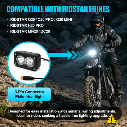 LED Headlight For Ridstar Q20 Ebike, 3 Pin 20W 6500K Waterproof Front Light, 12V-60V for night and fog riding.