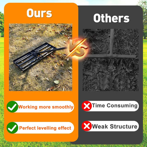 Comparison of Heavy Duty Lawn Leveling Rake with Four Spiked Wheels and Smooth Roller vs standard rake on grass