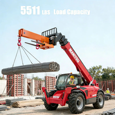 Heavy Duty Forklift Jib Boom Crane Attachment With No Fuss Tool Free Setup And Rock Solid Steel Build For Swift Rigging Up To 5511 Pounds Load Capacity Featuring Dual Swivel Hooks And Flexible Angles lifting steel rods at a construction site.