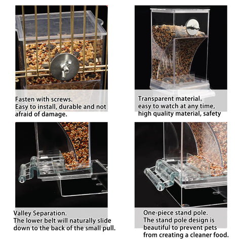 Hassle Free Automatic Bird Feeder With No Mess Clear Acrylic Bowl And Smooth Cage Mount For Parrots Canaries Cockatoos No Sweat Setup Foraging Snack Station 2 Pack with transparent material and secure cage mount.
