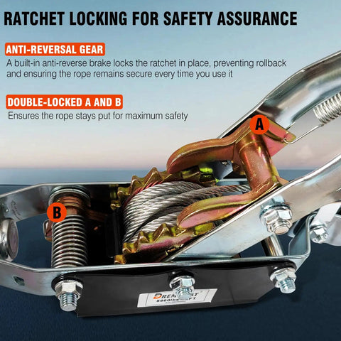 Close-up of Heavy Duty Come Along Winch 4 Ton 8800 Lbs tension dual gear ratchet with anti-reversal gear and locking mechanism.