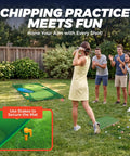 Group playing Chipping Golf Practice Mat Set for Indoor Outdoor Fun with sticky balls in backyard