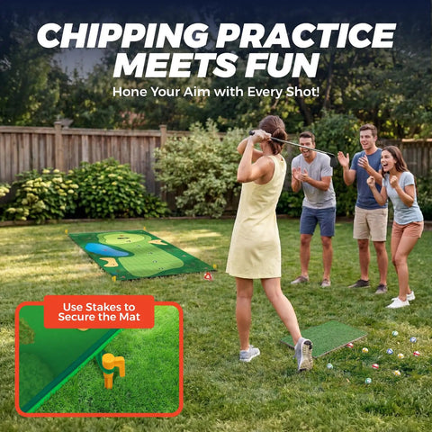 Group playing Chipping Golf Practice Mat Set for Indoor Outdoor Fun with sticky balls in backyard