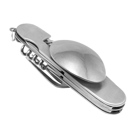 4 Piece Camp Kit Multi Tool Set With Spoon And Fork, showing stainless steel utensils including corkscrew and knife for outdoor adventures.