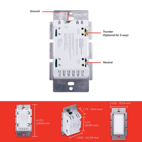 Back view of Z-Wave Smart Light Switch With Smart Rocker, QuickFit And SimpleWire, 3-Way Ready, wiring labels highlighted