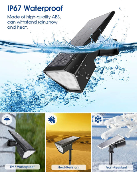 IP67 Waterproof Solar Spot Lights Outdoor 4 Pack in water, showing heat and frost resistance features in garden and snowy settings.