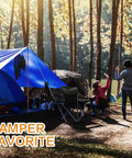 Heavy Duty Twenty By Thirty Foot Waterproof Tarp Thats Super Thick At Sixteen Mil And Tough As Nails For All Your Outdoor Needs Like Camping Tent Roof Boat Car Pool And Ground Cover In Blue used as a tent cover in a forest campsite.