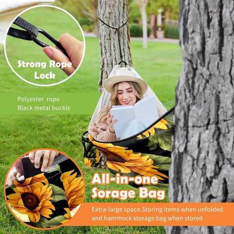 Woman relaxing in a sunflower color portable double and single hammock with storage bag for camping, travel, beach, hiking and backyard lounging, sunflower color, easy setup straps included, ultra durable and super cozy for indoor outdoor use.