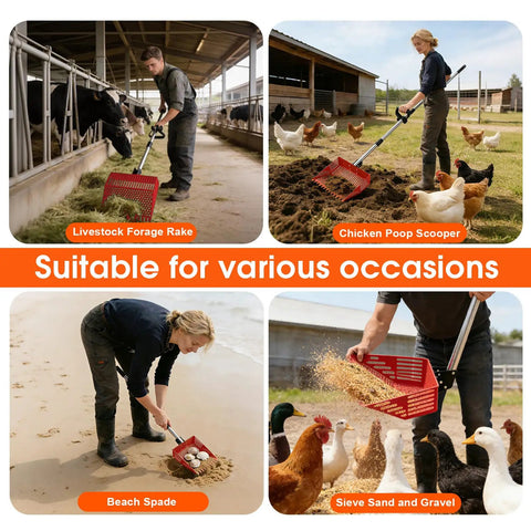 4-in-1 use of 2-In-1 Chicken Poop Scooper And Rake With Adjustable Angle And Handle Sand Sifter Shovel for various farm tasks
