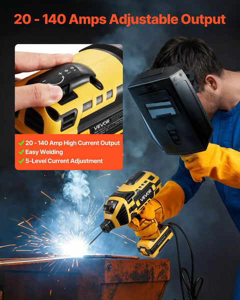 Person using Portable Handheld Arc Welder, 20-140A, Five Level Current Adjustment, IGBT Inverter, 110V Stick Welder with hot start.