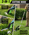 12V Cordless Grass Shear And Hedge Trimmer 2 In 1 Electric Tool With 37 Inch Wheeled Extension Pole being used on lawn edges