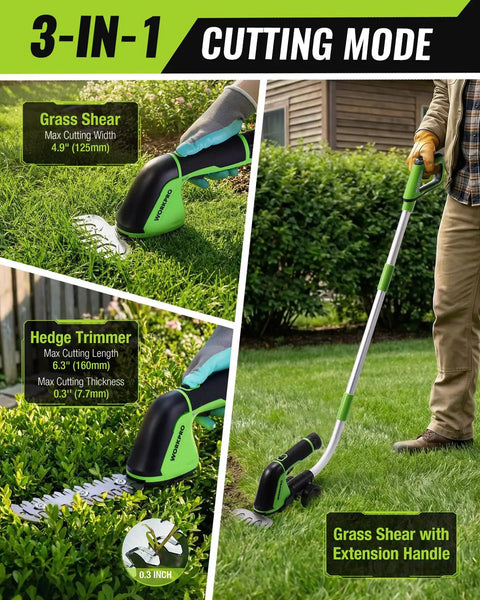 12V Cordless Grass Shear And Hedge Trimmer 2 In 1 Electric Tool With 37 Inch Wheeled Extension Pole being used on lawn edges