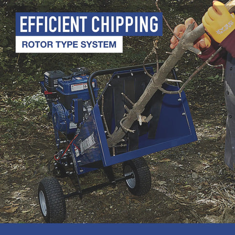 Rotor Wood Chipper With 420cc Ducar OHV Engine And Electric Start shown chipping branches outdoors