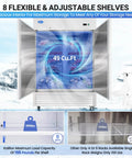 Heavy Duty Commercial Upright Freezer Rocking Slick Digital Temp Display Eight High Capacity Shelves Kickass Auto Defrost And Forty Nine Cubic Feet Of Storage inside showing 8 adjustable shelves and 49 cu ft capacity.