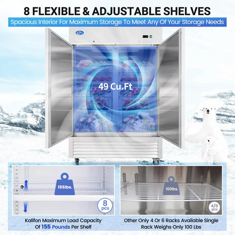 Heavy Duty Commercial Upright Freezer Rocking Slick Digital Temp Display Eight High Capacity Shelves Kickass Auto Defrost And Forty Nine Cubic Feet Of Storage inside showing 8 adjustable shelves and 49 cu ft capacity.