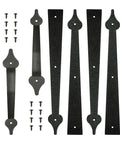 Steel Garage Door Decorative Hinges, Handles And Accents Hardware Kit With Screw Mount in Black Powder Coat, laid out with screws.