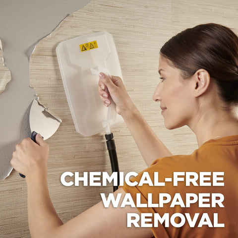 Person using Chemical Free Wallpaper Steamer For Easy Peasy Removal, No Harsh Chemicals, Dual Steam Plates Included on wall.