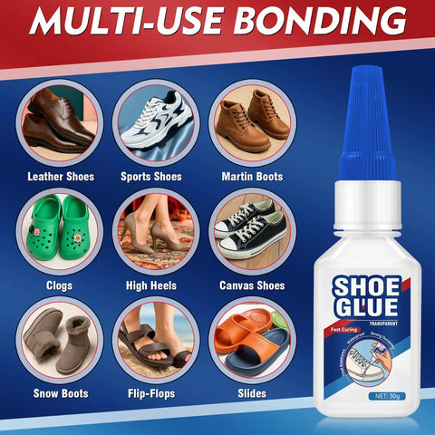 Clear Shoe Glue Sole Repair Kit For Boots And Sneakers, bottle with blue cap, suited for leather shoes, sports shoes, clogs, slides