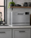 Straight Up Countertop Dishwasher With Six Quick Rinse Cycles And Bright Led Touch Panel Easy Sink Hookup in a modern kitchen.