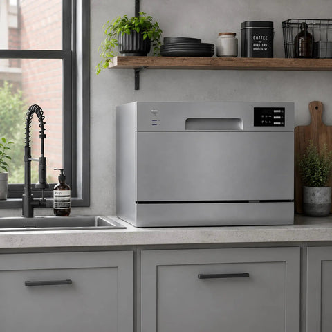 Straight Up Countertop Dishwasher With Six Quick Rinse Cycles And Bright Led Touch Panel Easy Sink Hookup in a modern kitchen.