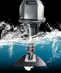 Whale Tail Hydrofoil Stabilizer Kit for 8 to 40 HP outboard motors, attached underwater and boosting boat stability.