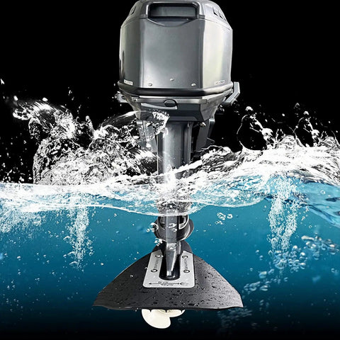 Whale Tail Hydrofoil Stabilizer Kit for 8 to 40 HP outboard motors, attached underwater and boosting boat stability.
