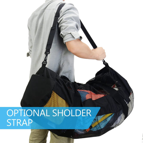 Person carrying oversized 37 inch mesh dive bag for scuba gear and sports equipment, featuring optional shoulder strap.