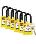 Six Pack Yellow Keyed Alike Lockout Padlocks With Key Retaining Brass Cylinders For OSHA Safety Compliance Lightweight Nylon Bodies Non Conductive Shackle One Key Per Lock