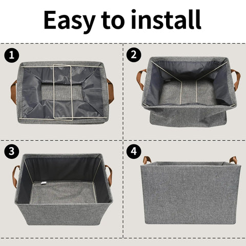 Closet Storage Bins 4 Pack Large Dark Gray Organizer Baskets showing easy metal frame assembly process.
