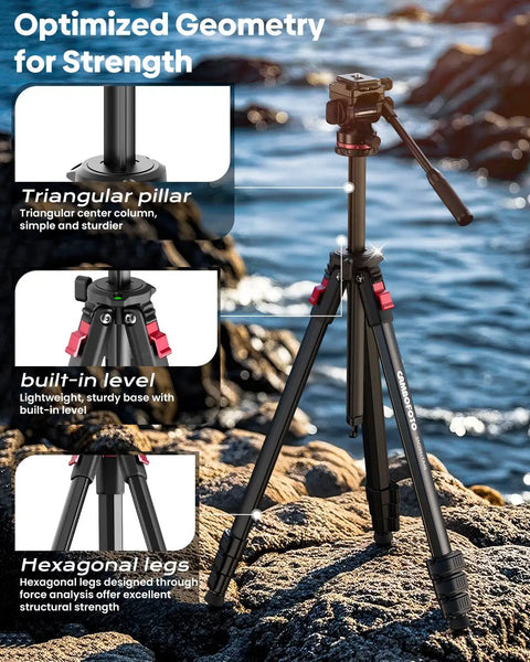 68 Inch Fluid Head Camera Tripod For DSLR Camcorders Binoculars Spotting Scope Telescopes Travel Ready Lightweight Aluminum Legs